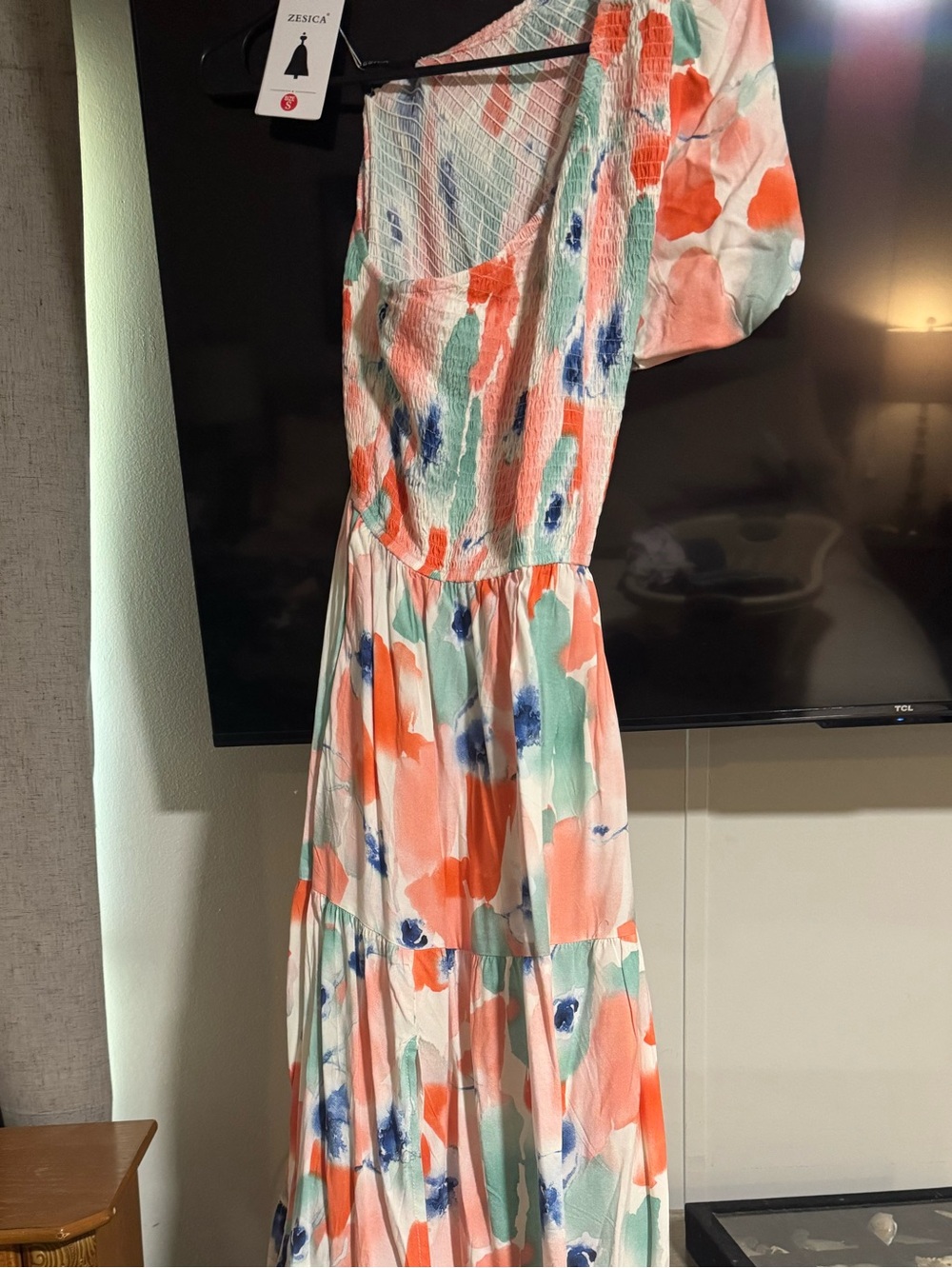 Zesica One-Shoulder Floral Maxi Dress in Coral, Teal & Navy